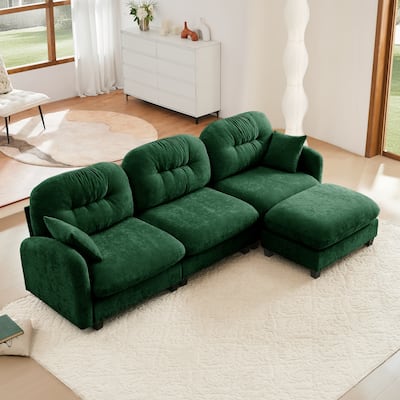 107" Sectional Couches for Living Room, Tufted Back Upholstered Couch with Ottoman, Chenille 3 Seater Modular Sectional Sofa