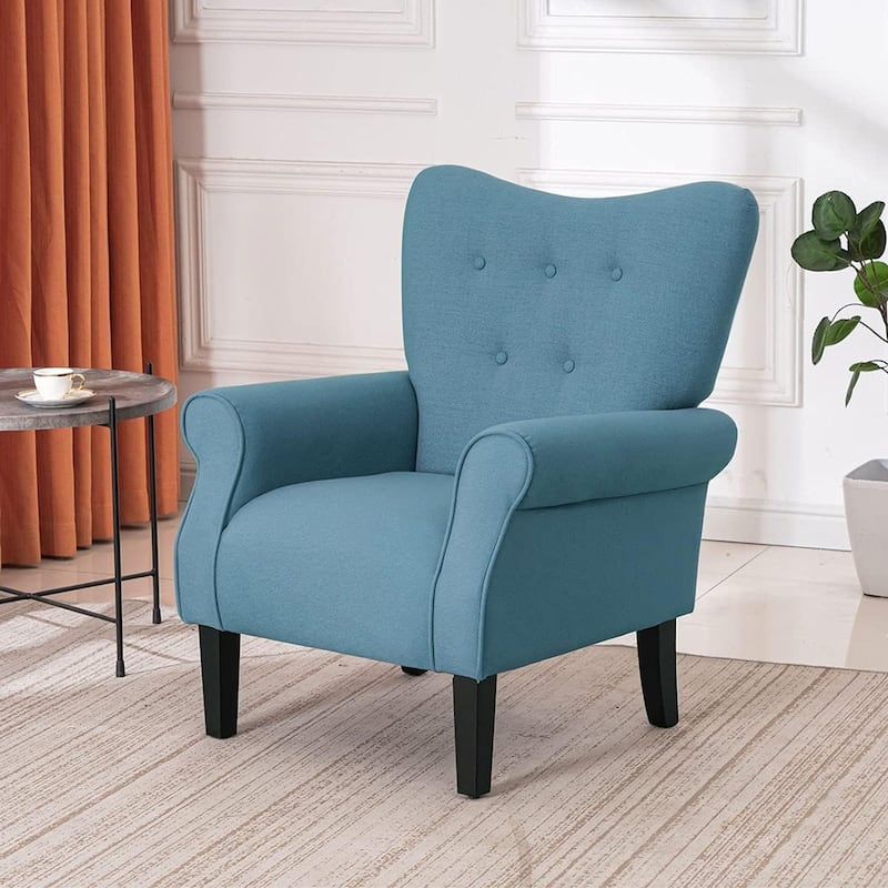 Erommy Modern Accent Chair, High Back Armchair, Upholstered Fabric Button Single Sofa with Wooden Legs for Living Room - Blue - Solid