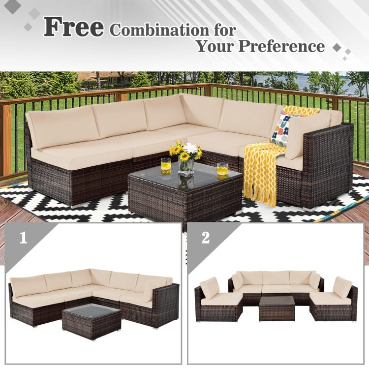 6 Pieces Patio Rattan Furniture Set with Cushions and Glass Coffee Table