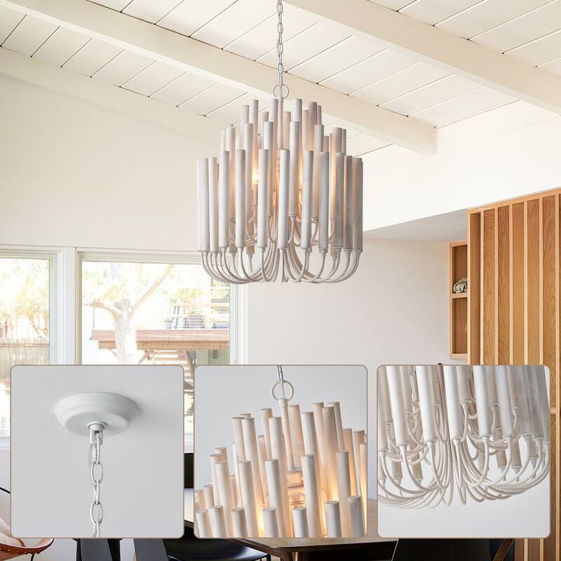 20" 5-Light Coastal 3-Tier Off-White Wood Chandelier - 19.7" D x 19.7" W x 23.7" H