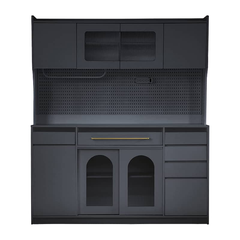 63 Inch Kitchen Coffee Bar Cabinet with Hutch, Freestanding Buffet with Power Outlet, Drawers & Towel Rack