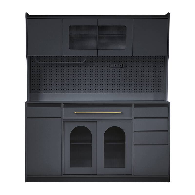Roomfitters Freestanding 63" Buffet with Hutch and Power Outlet, Coffee Bar Storage Cabinet