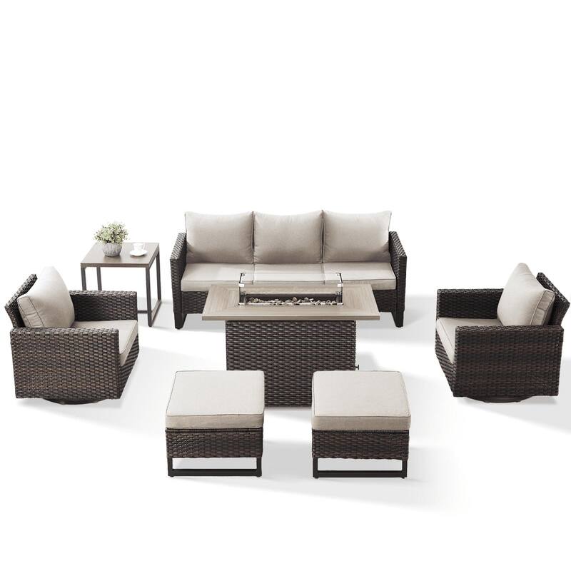 Outdoor Sofa Chairs Ottomans and Fire Table Brown-Beige - Brown