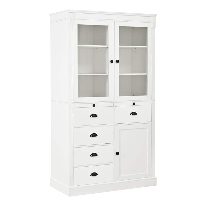 72''H Kitchen Pantry, Display Storage Cabinet with Glass Doors and Drawers, Serving Trays and Shelves