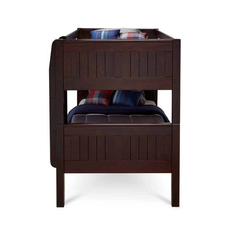 Twin Over Twin Bunk Bed - Classic Charm Low Profile Solid Wood Bed Frame - Cappuccino Finish