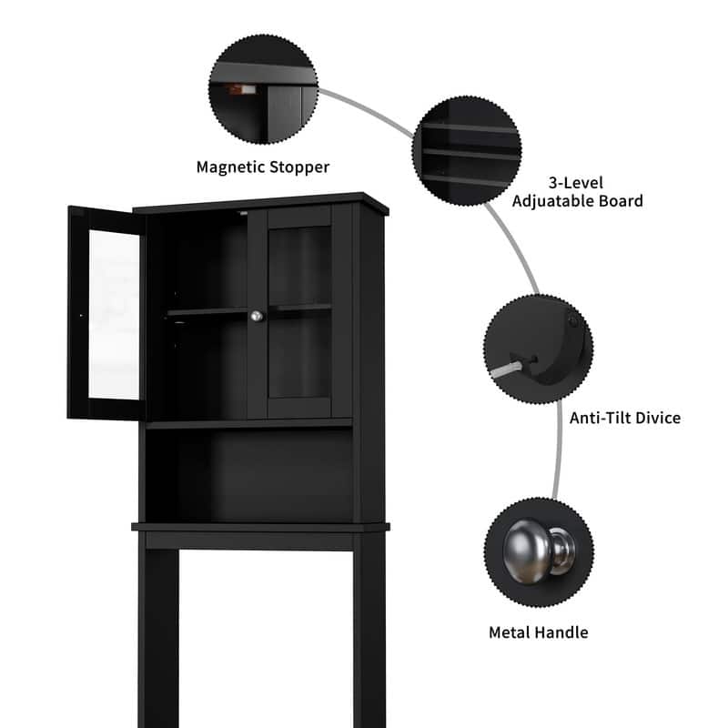Over The Toilet Storage Cabinet, Glass Door - 8.5"D x 23.6"W x 65.4"H
