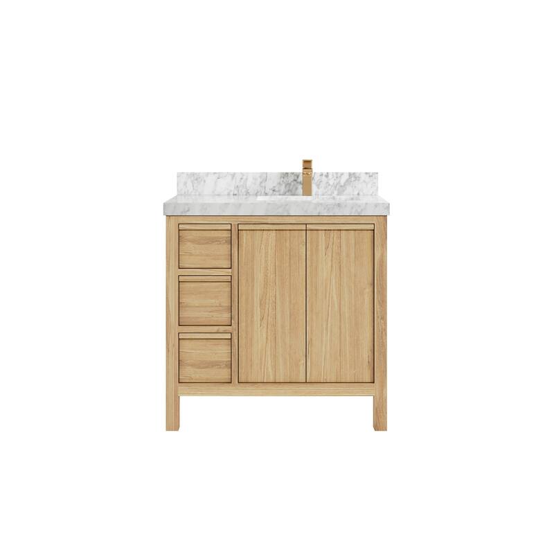 Willow Collections 36 in. W x 22 in. D Elizabeth Solid Teak Right Offset Sink Bathroom Vanity with Countertop - 2" Carrara Marble - Light Natural Teak