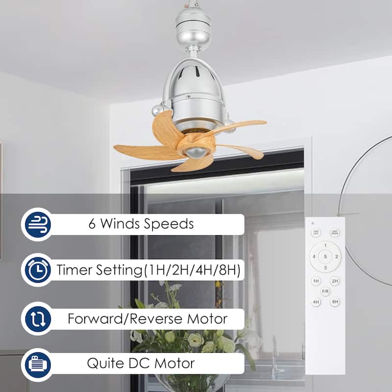5-Speed 5-Blade Mid-Century Modern Silver Metal & Natural Wood-Tone Plastic Ceiling Fan with Remote for Living Room
