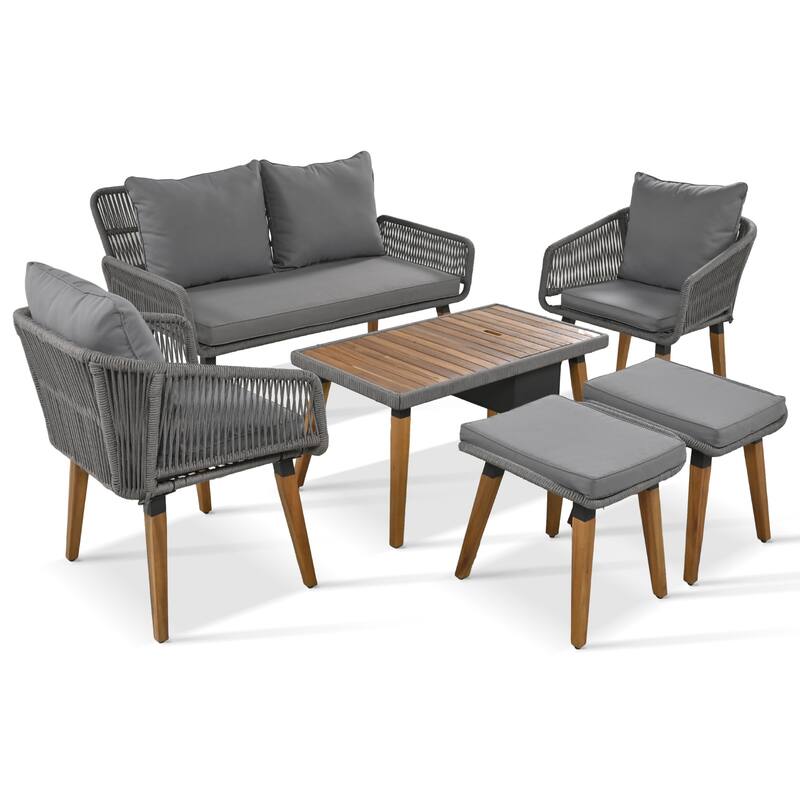 6 Pcs Patio Furniture Set, All-Weather Conversation Sets with Cushions Armchairs, Acacia Wood Bar Table and Ice Bucket