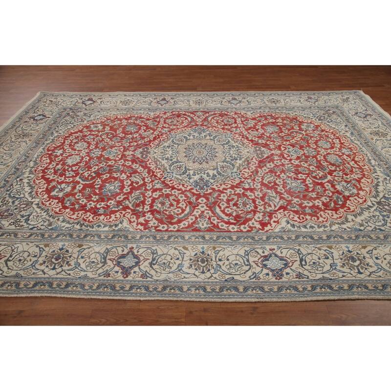 Hand Knotted Oriental 100% Wool Carpet Traditional Floral Red Nain Area Rug - 11' 1'' X 7' 10''
