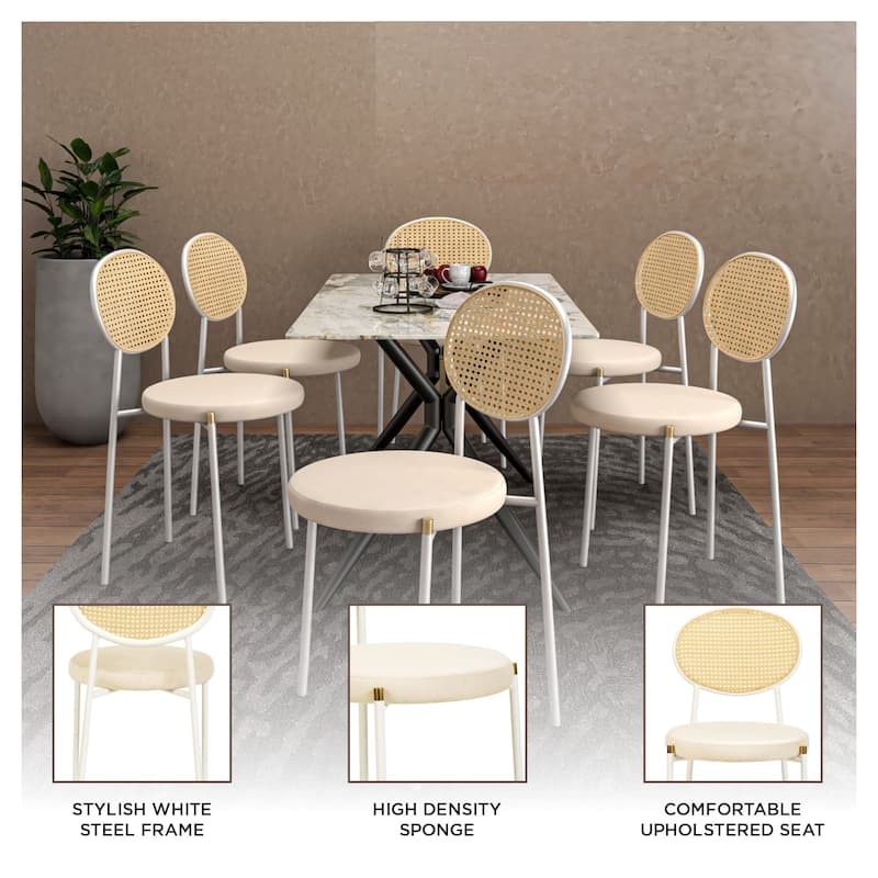 LeisureMod Euston Modern Dining Chair with Upholstered Velvet Seat - Wicker Back and White Stainless Steel Legs Accent Chair