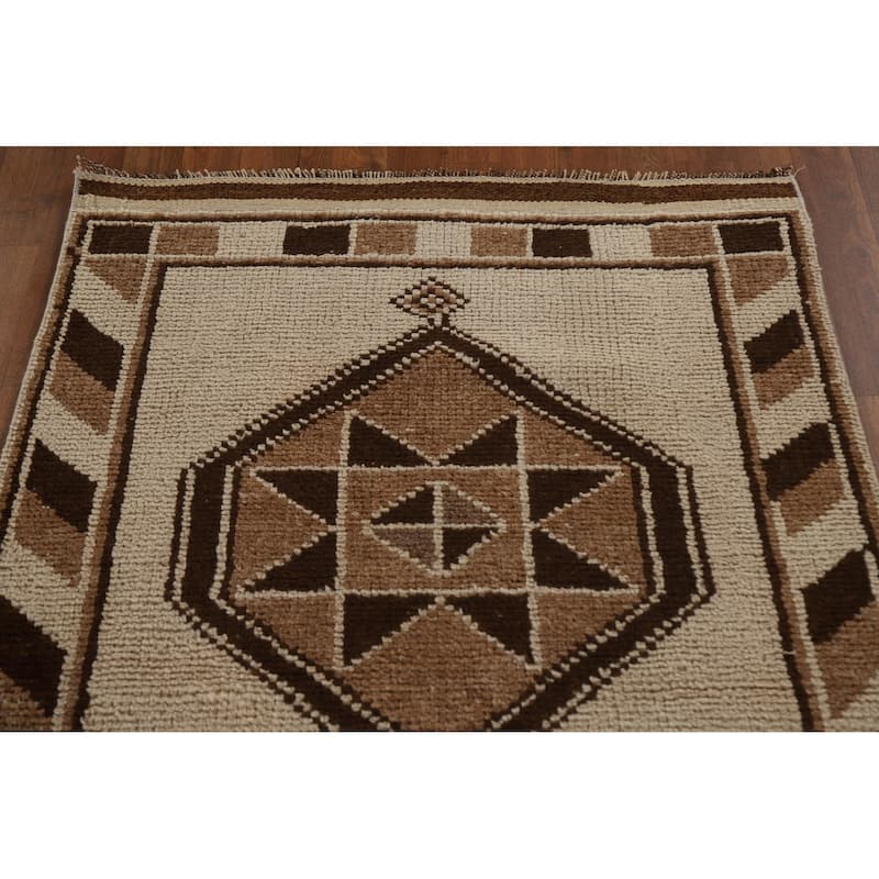 Natural Dye Handmade Kurdish Turkish Runner Rug Beige Wool Carpet - 3'4"x 11'9"