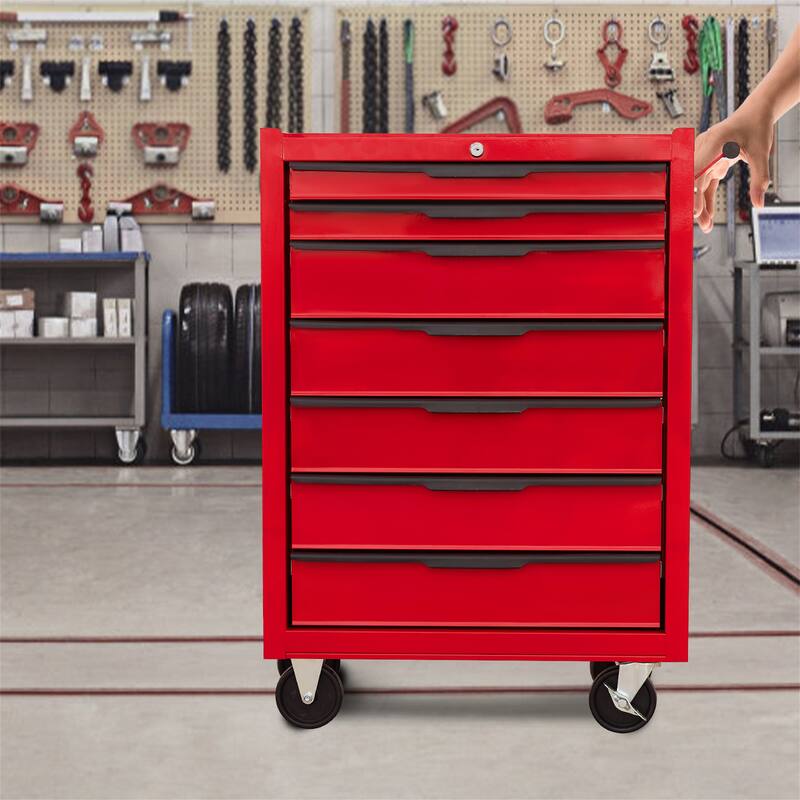 7 Drawer Metal Rolling Tool Cabinet with Wheels and Cylinder Locking - Red