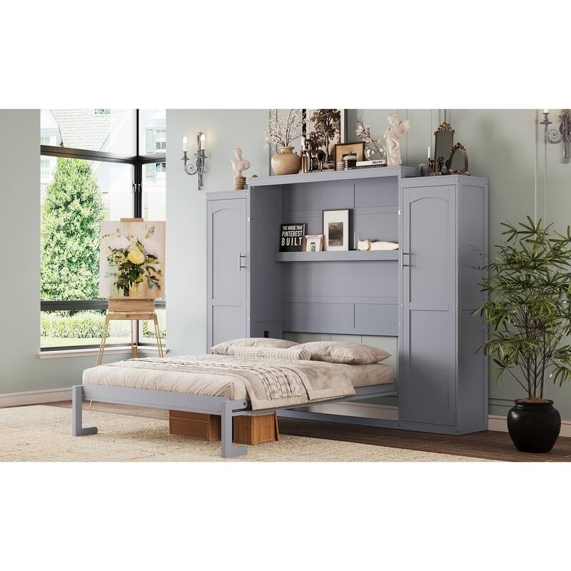 Wooden Full Wall Bed with 2 Wardrobe and Storage Shelf