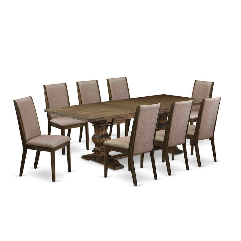 Modern 9-Piece Dining Set - Linen Fabric Chairs & Distressed Table