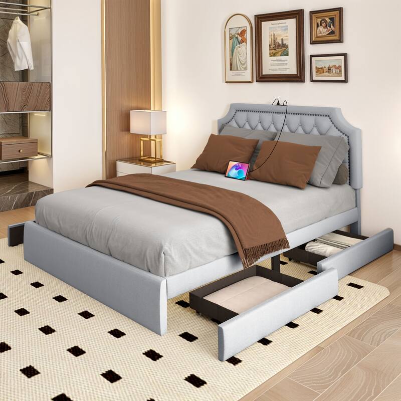 Moasis Velvet/Linen Upholstered Bedframe with Adjustable Headboard and 4 Storage Drawers