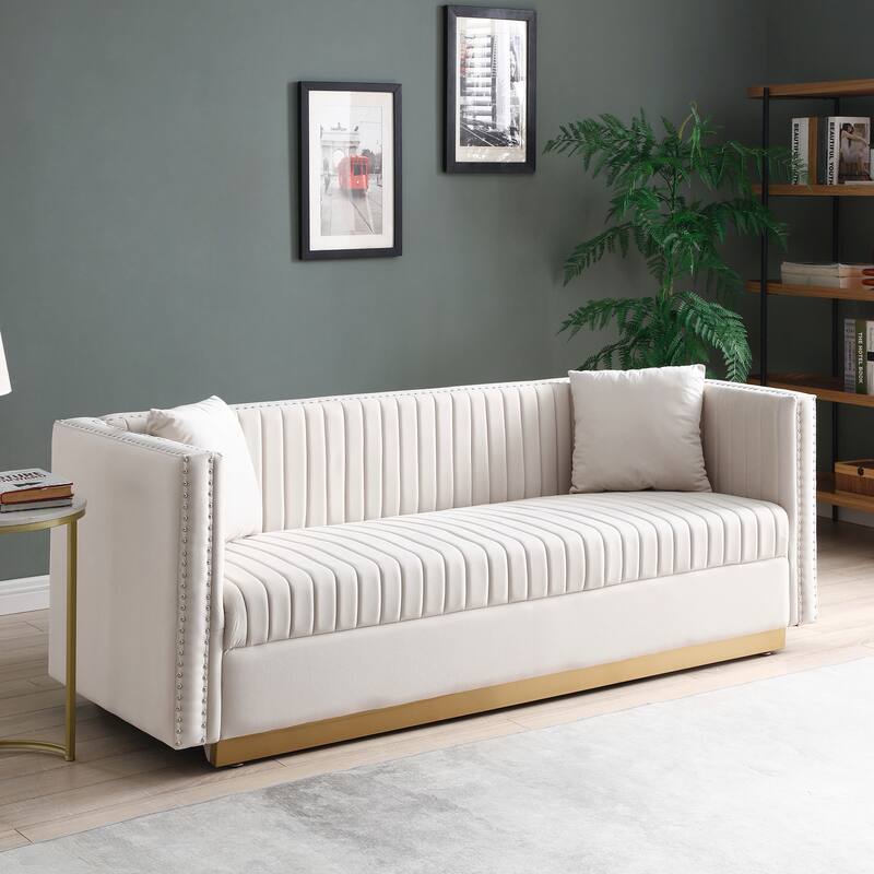 78" Velvet 3-Seater Sofa with Vertical Channel Tufting, Gold Base, Nailhead Trim, and 2 Pillows
