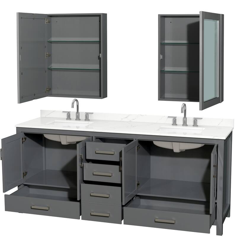 Sheffield 80-inch Double Vanity, 3 Hole Quartz Top, Med Cabinets