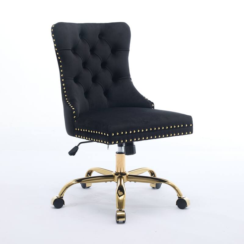 GDF Studio - Velvet Tufted Upholstered Home Office Chair with Golden Metal Base with Swivel Adjustment and Elegant Button Back