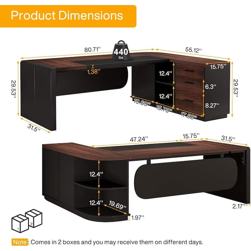80'' L-Shaped Desk, Large Executive Office Desk with 55'' Drawers Cabinet