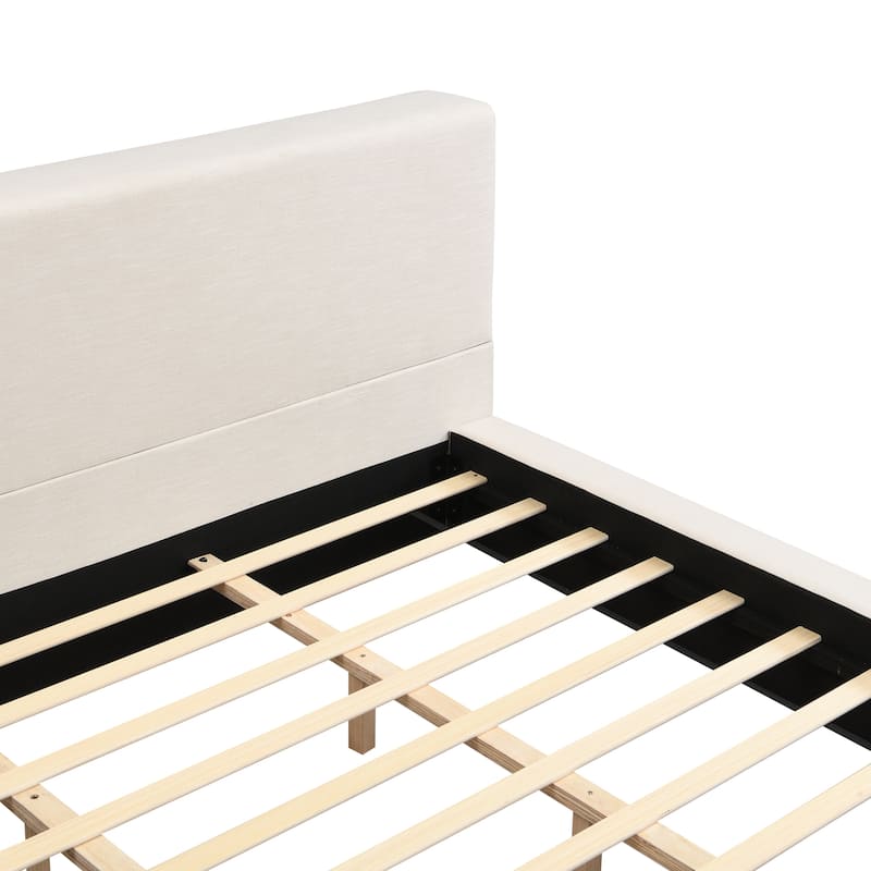 King Size Bed Frame with Thick 8" Headboard/Upholstered Platform Bed Frame/Solid Wood Support Slats/No Box Spring Needed/Beige