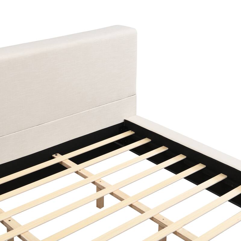 King Size Low Profile Bed with Linen Thick Headboard and Footboard, Beige Linen Fabric Upholstered Platform Bed