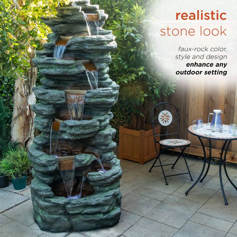 Alpine Corporation TZL274 79" Gray Outdoor Floor Multi Tier Water Fountain with LED Lights