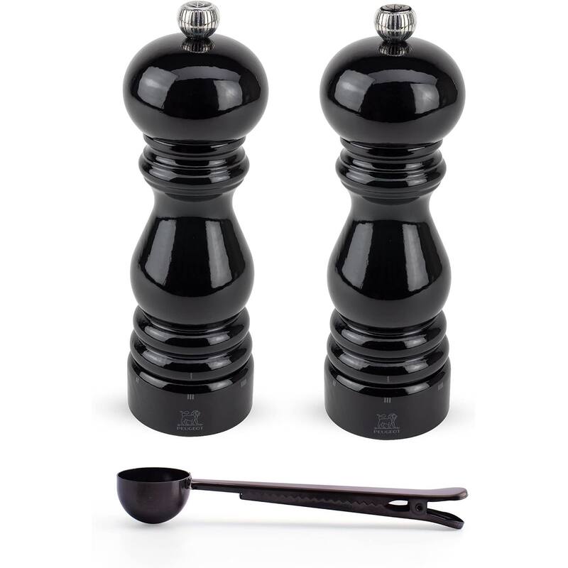 Peugeot Paris u'Select Salt & Pepper mill, Gift Set, Black Lacquer - With Stainless Steel Spice Scoop/Bag Clip (5 Inch) - Black - 3 Piece