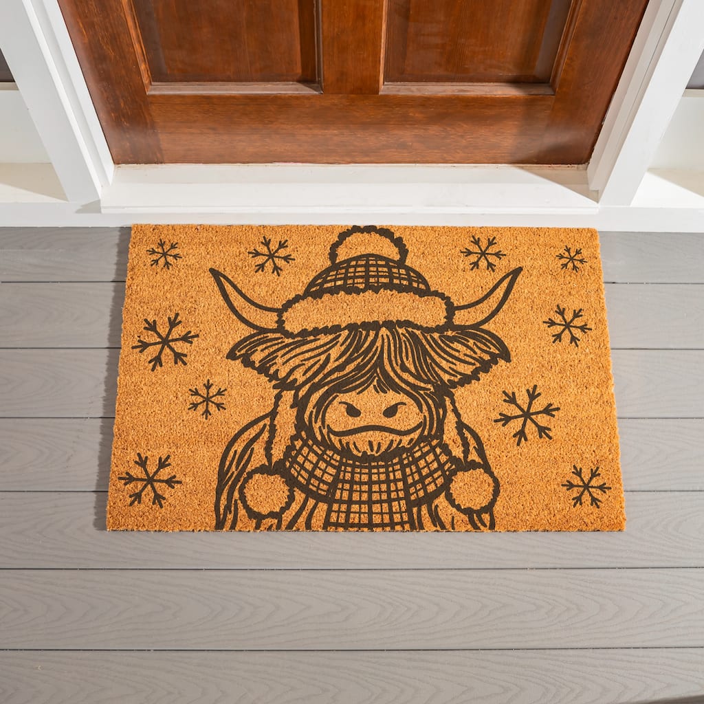 Holiday Highland Cow Coir Door Mat - 36" x 24"