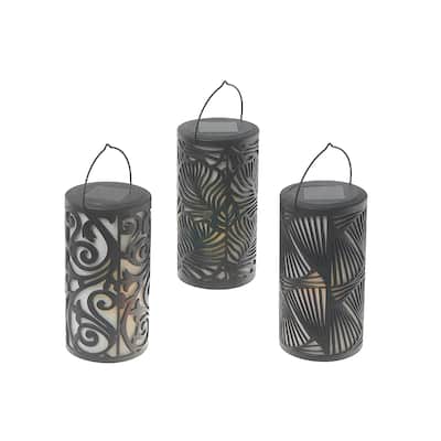 LED Solar Black Cylinder Lantern With Design
