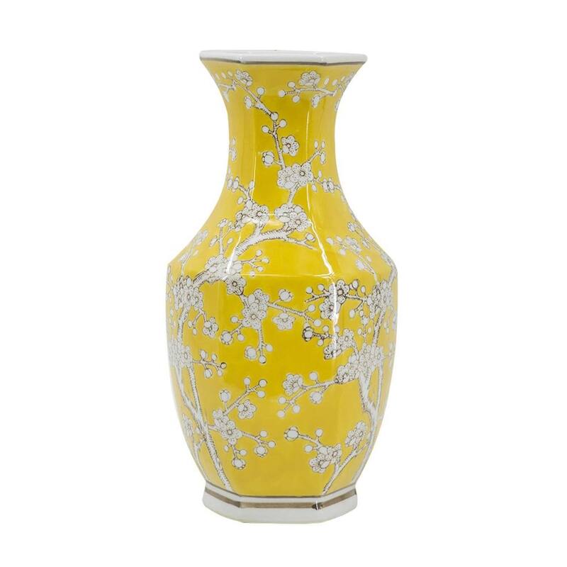 14" Yellow And White Chinoiserie Floral Porcelain Table Vase - 7.30
