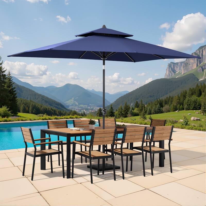 9/11-Piece Outdoor Patio Dining Set Aluminum Dining Table and Stackable Chairs w/10 ft Market Umbrella and Base - Set of 11 - Brown Table with Navy Blue Umbrella