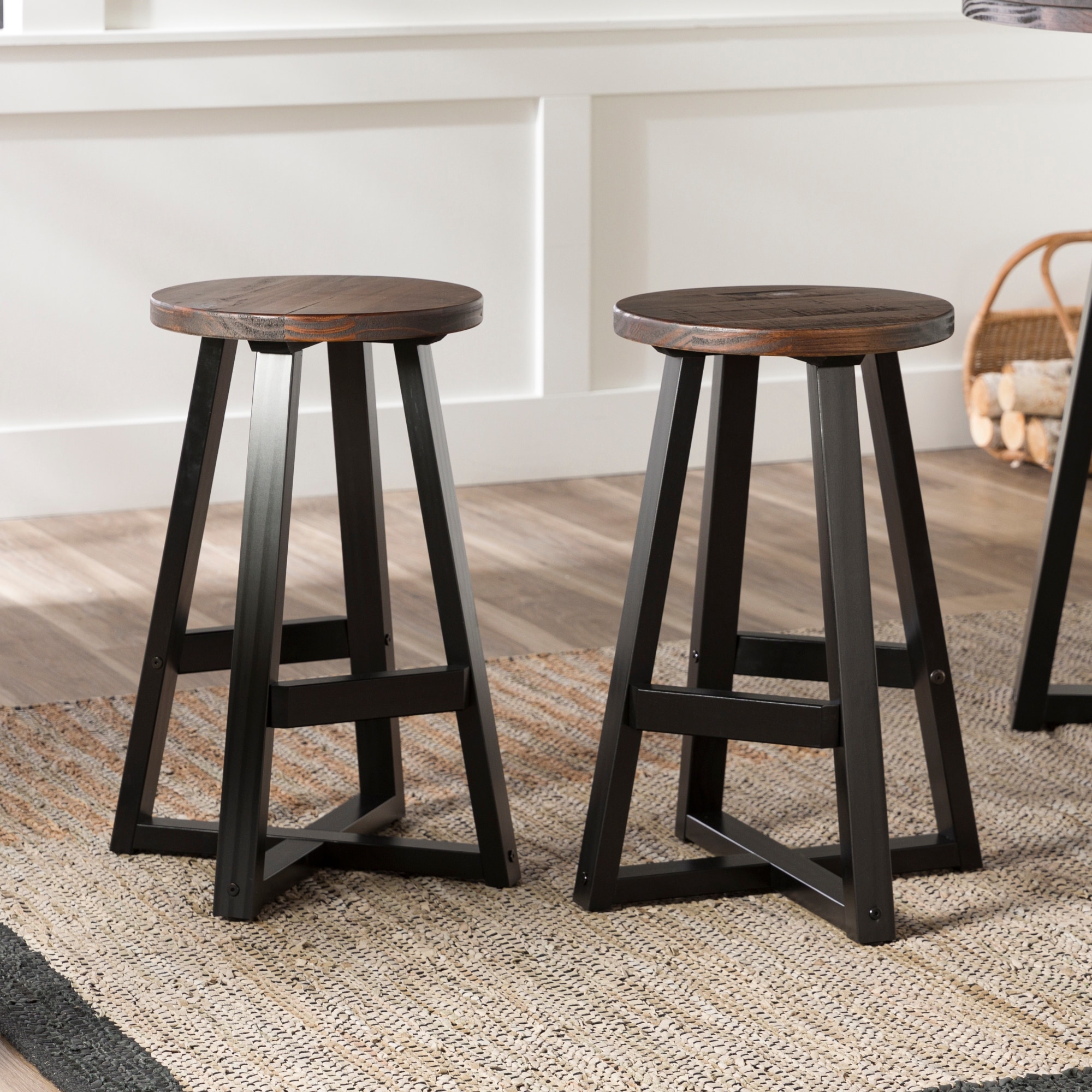 Middlebrook Round 24 Inch Distressed Solid Wood Counter Stool Set of 2 Grey