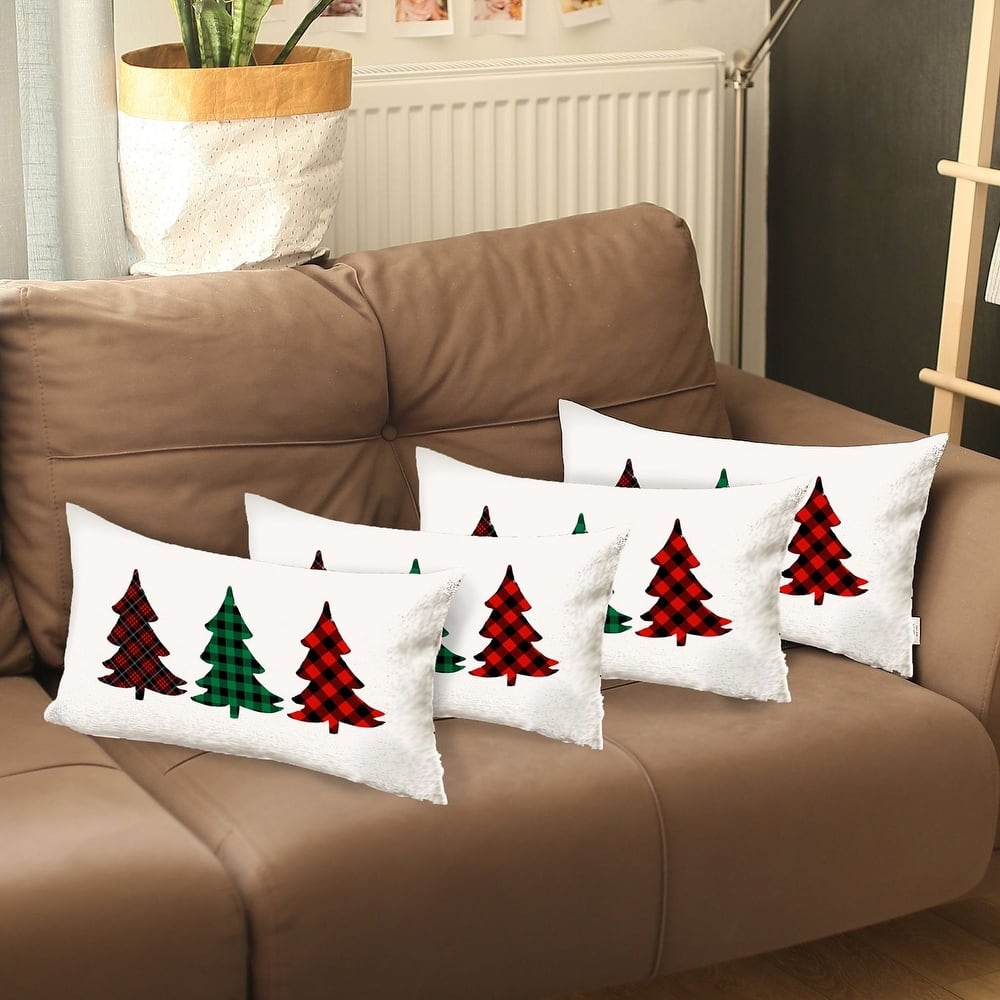 Christmas Tree Trio Plaid Lumbar Throw Pillow