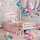 preview thumbnail 1 of 7, Wood Twin House Bed with Guardrail and Drawer Pink