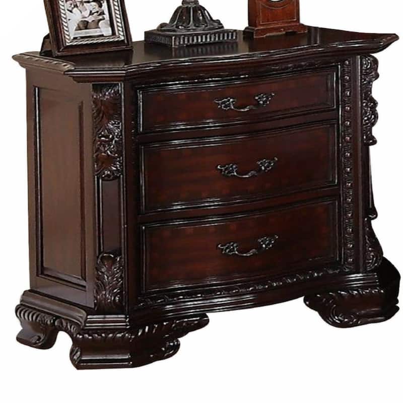 1pc Traditional Nightstand End Table with Three Storage Drawers Brown Cherry Decorative Drawer Pulls Solid Wood