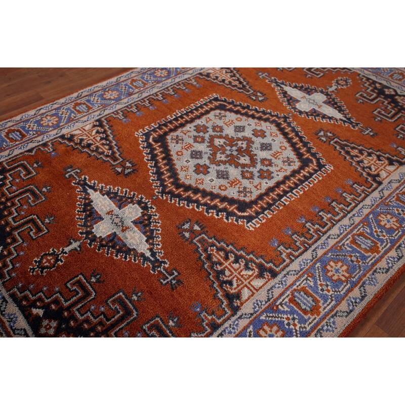 Orange Geometric Viss Indian Area Rug Hand-Knotted Wool Carpet - 4'0"x 6'3"