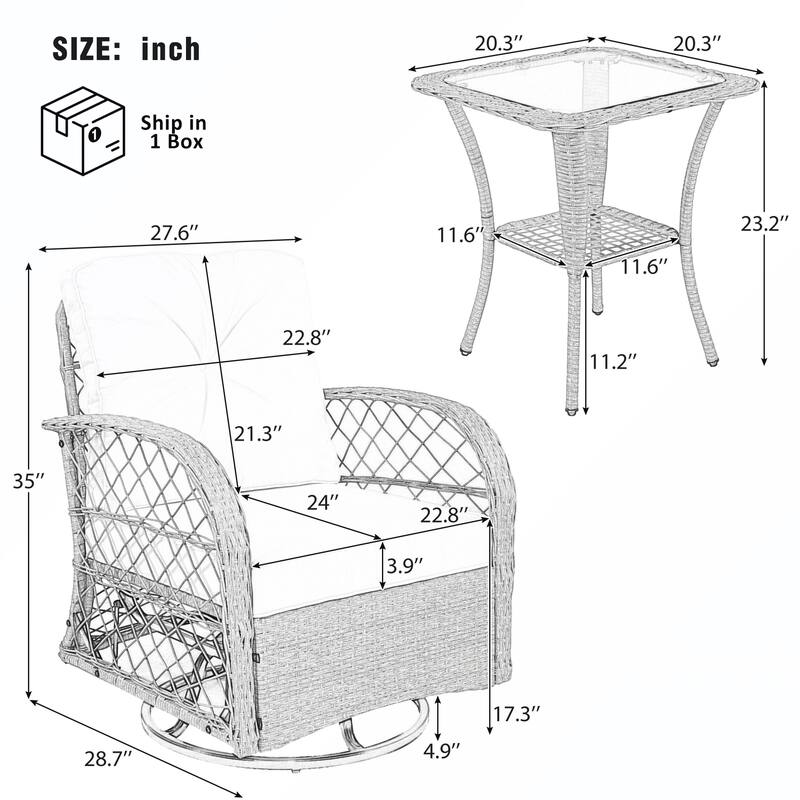 3PCS Rattan Swivel Chair and Table Set