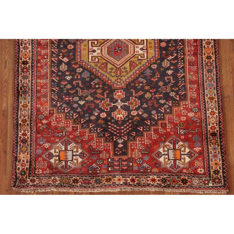 Hand Knotted Oriental 100% Wool Carpet Traditional Tribal Navy Blue & Blues Shiraz Area Rug - 5' 3'' X 3' 11''
