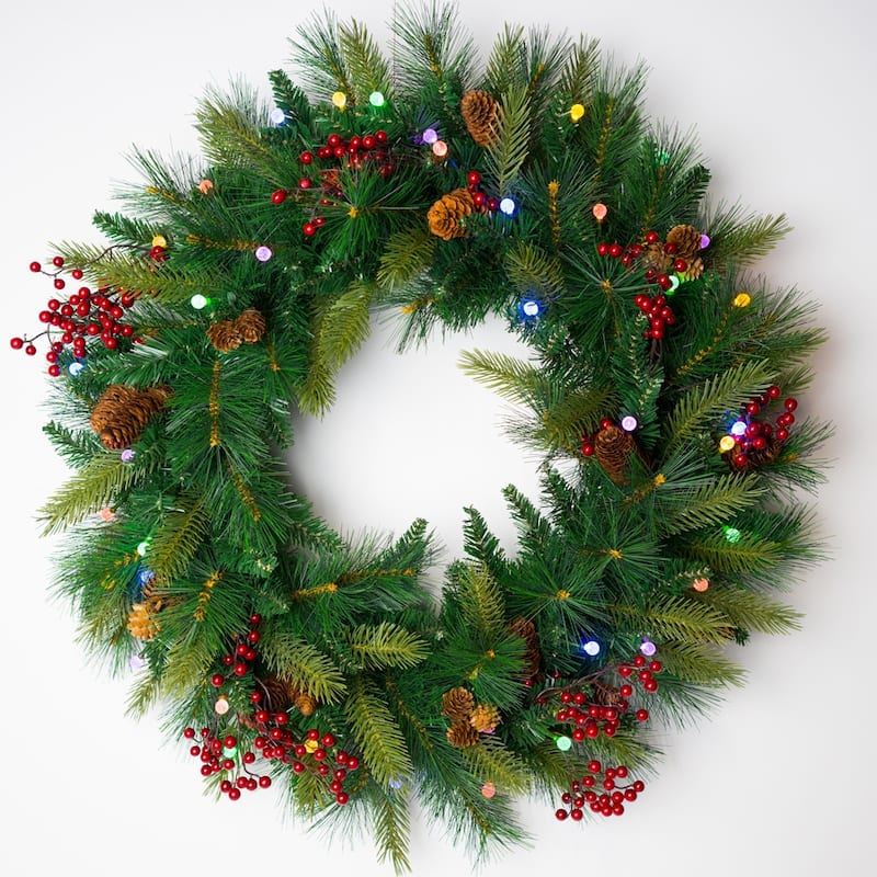 Traditional Woodland Berry Wreath B/O LED Lights (24", 30", 36")