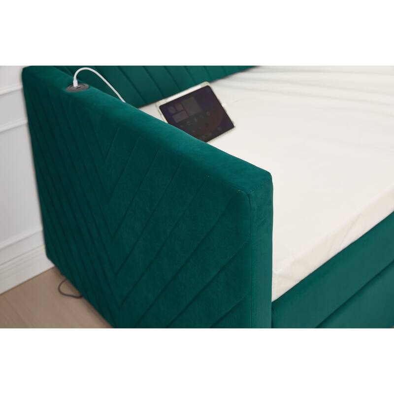 Twin Size Velvet Daybed with Trundle, USB Charging Port & Side Pockets, Modern Upholstered Sofa Bed with V-Pattern Backrest