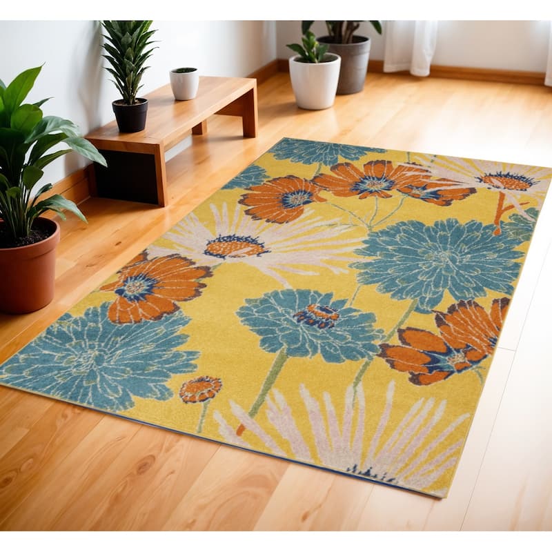 Gako Power Loomed Floral Traditional Low Pile Area Rug By HomeRoots - 72' X '48' X '0.25 - 72' X '48' X '0.25 - Yellow - Rectangle