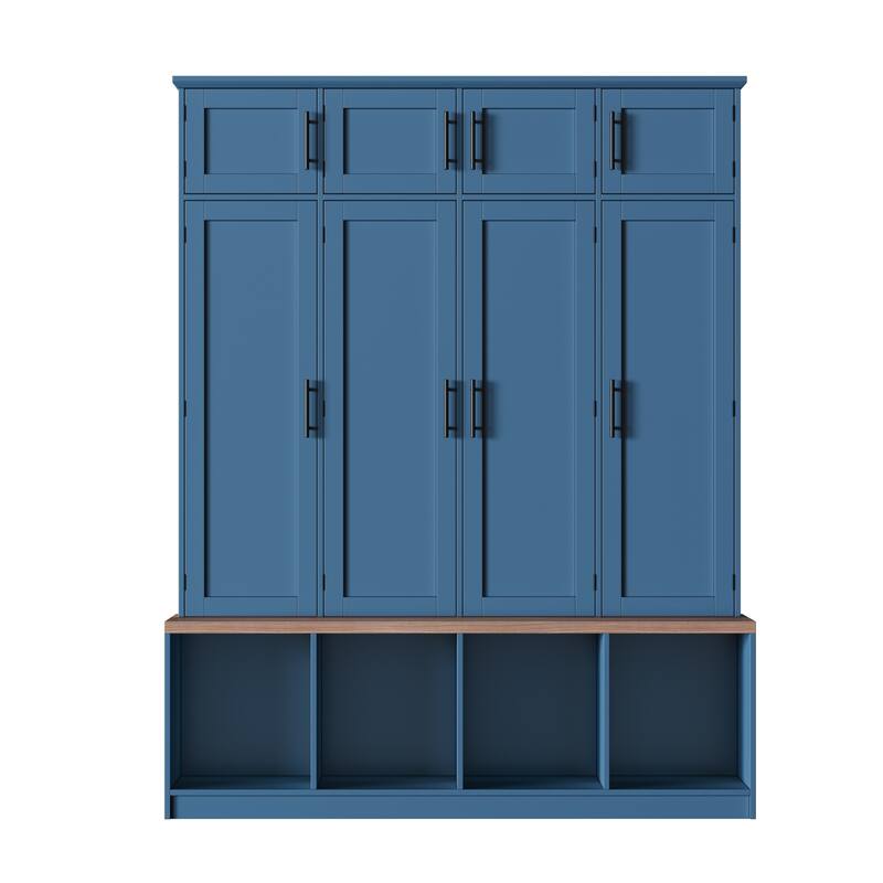 Roomfitters Farmhouse Hall Tree, 4 Hidden Hooks, Walnut Bench with 8 Doors, Entryway Shoe Cabinet