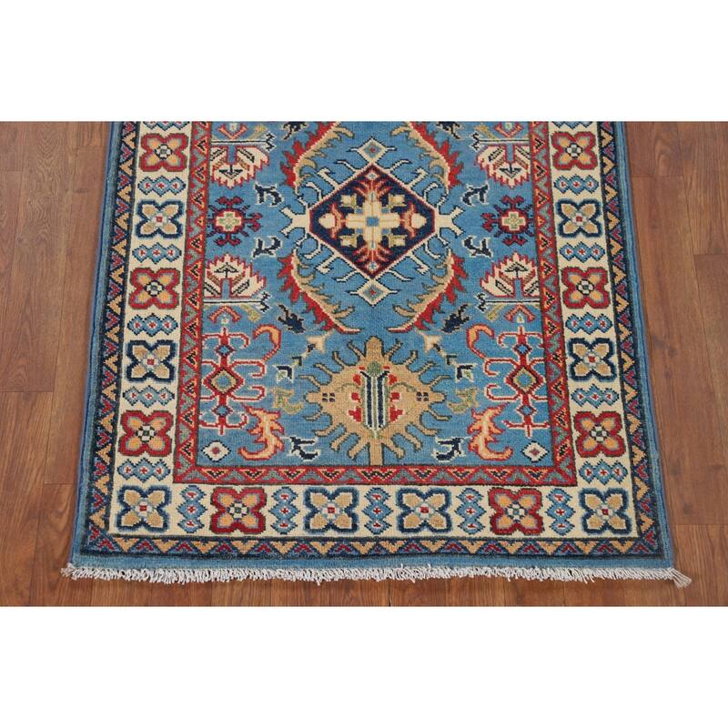Blue Geometric Kazak Foyer Rug Hand-Knotted Wool Carpet - 2'10" x 3'11"