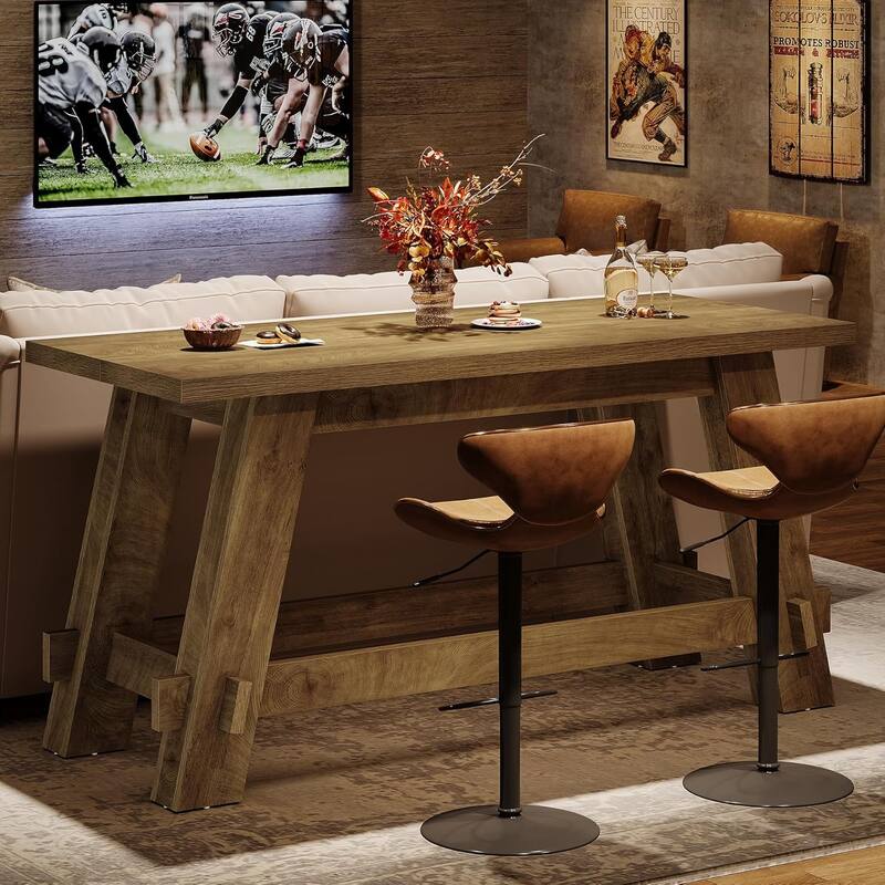 63" Counter Height Bar Table with Footrest, Rectangular High Top Pub Table - 62.99" W x 27.56" D x 38.19" H