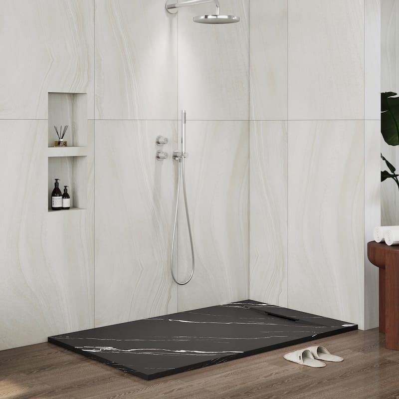 SMC Alcove Shower Pan Base with Reversible Drain, Low Profile, Wheelchair Access, Slip-Resistant, cUPC Certified