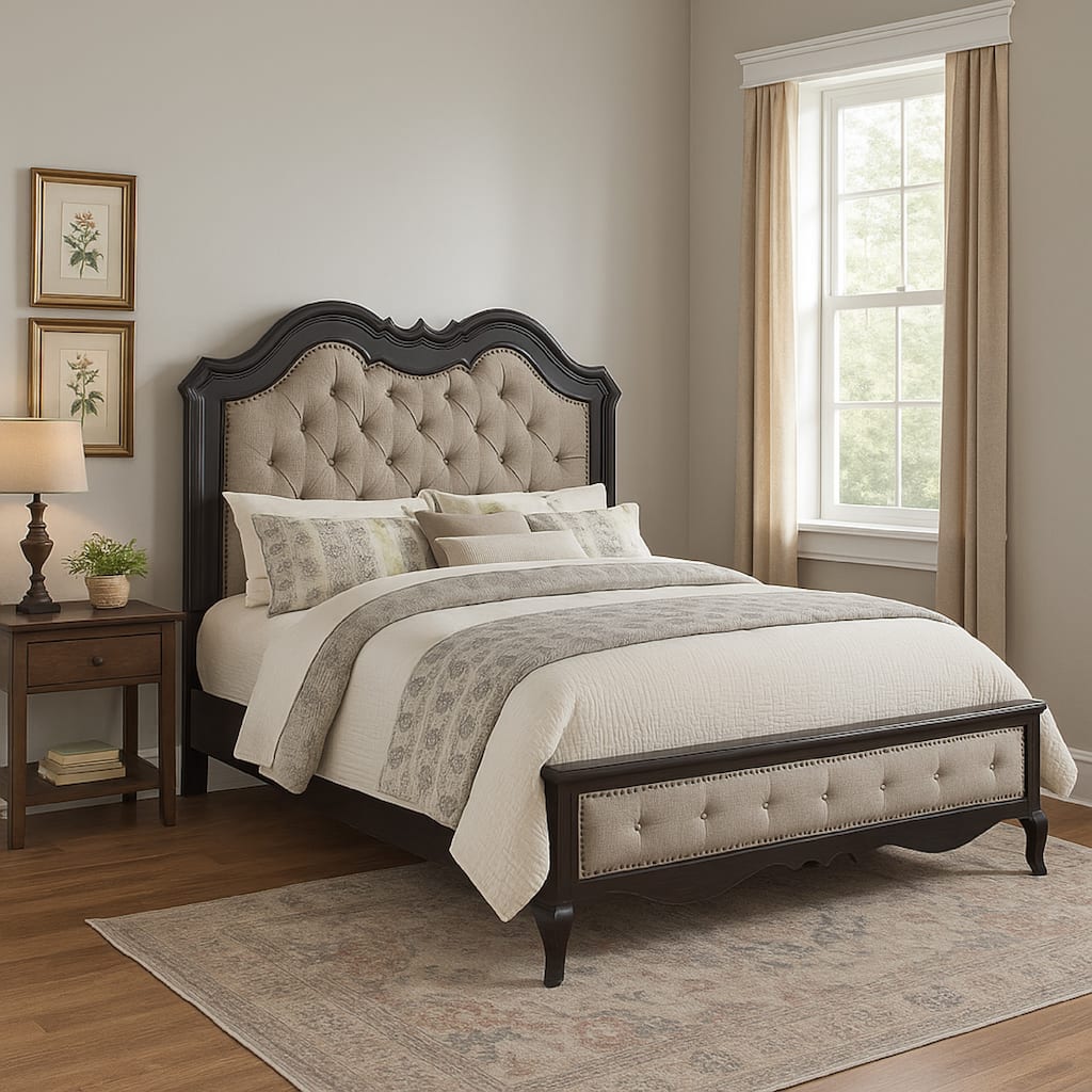 Chery King Size Bed with Button Tufted Headboard, Beige Upholstery, Black