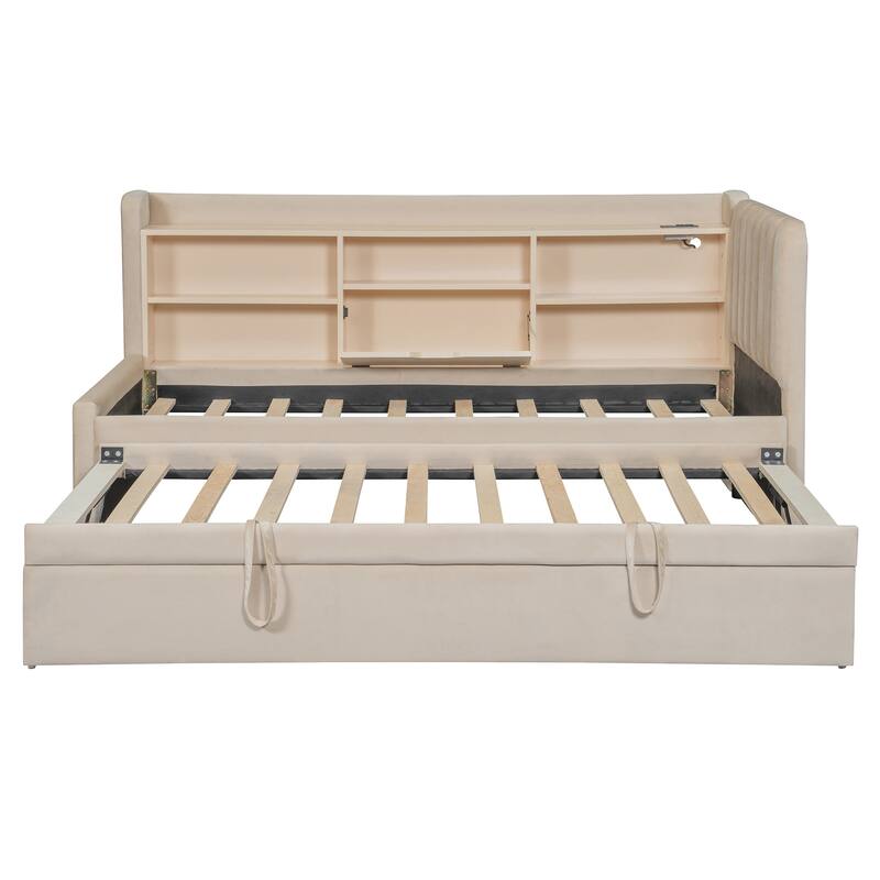Velvet Upholstered Twin Daybed with Trundle, Storage Shelves & USB Charging (Beige)