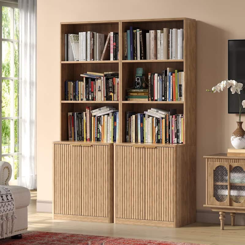71" Walnut Bookcase with Doors Set of 2, 5 Tier Fluted Tall Bookshelf with Storage - Oak