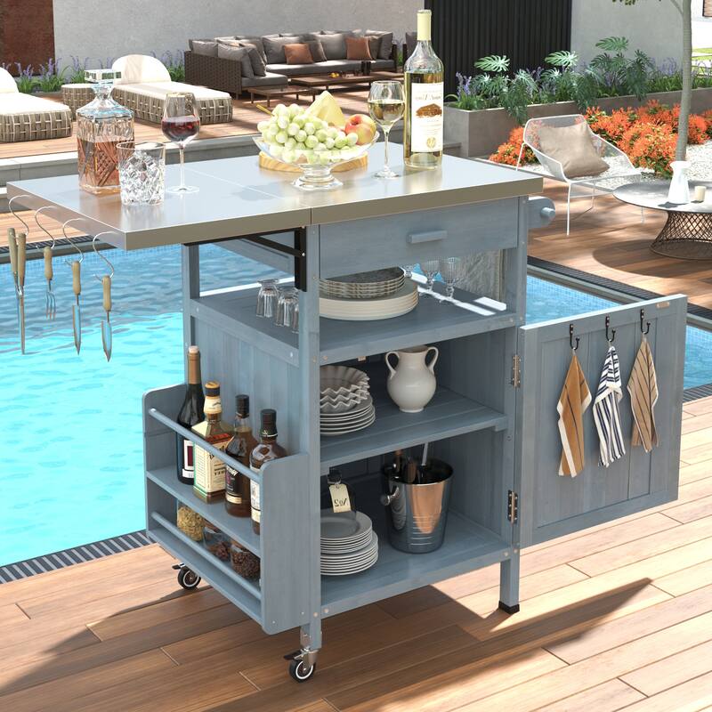 40.5" Outdoor Solid Wood Grill Cart with Stainless Steel Top, Drop Leaf, One Drawer, Towel Rack & Lockable Wheels - Blue+Grey
